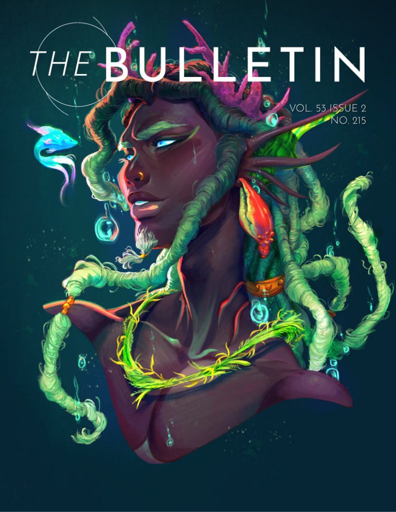 A Black merman with sea green locs and a deep pink coral crown wearing red conch shell earrings looking at a bright blue and pink fish against a dark green background. With text at the top "The Bulletin" and "Vol. 52, Issue 2, No. 215" underneath flush right.