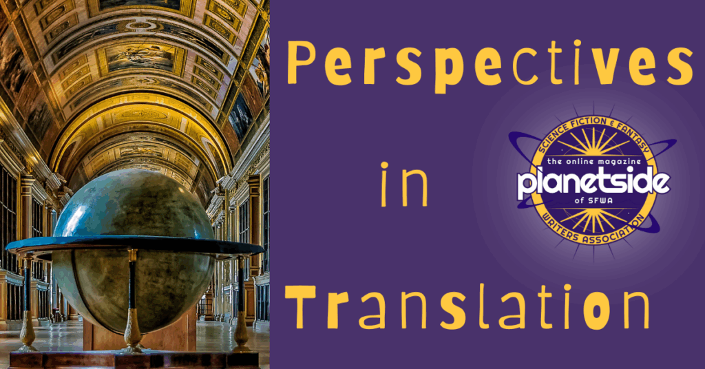 An image of a terrestrial globe inside a library, with the Planetside logo and the text Perspective in Translation, to be used as featured image for the series.