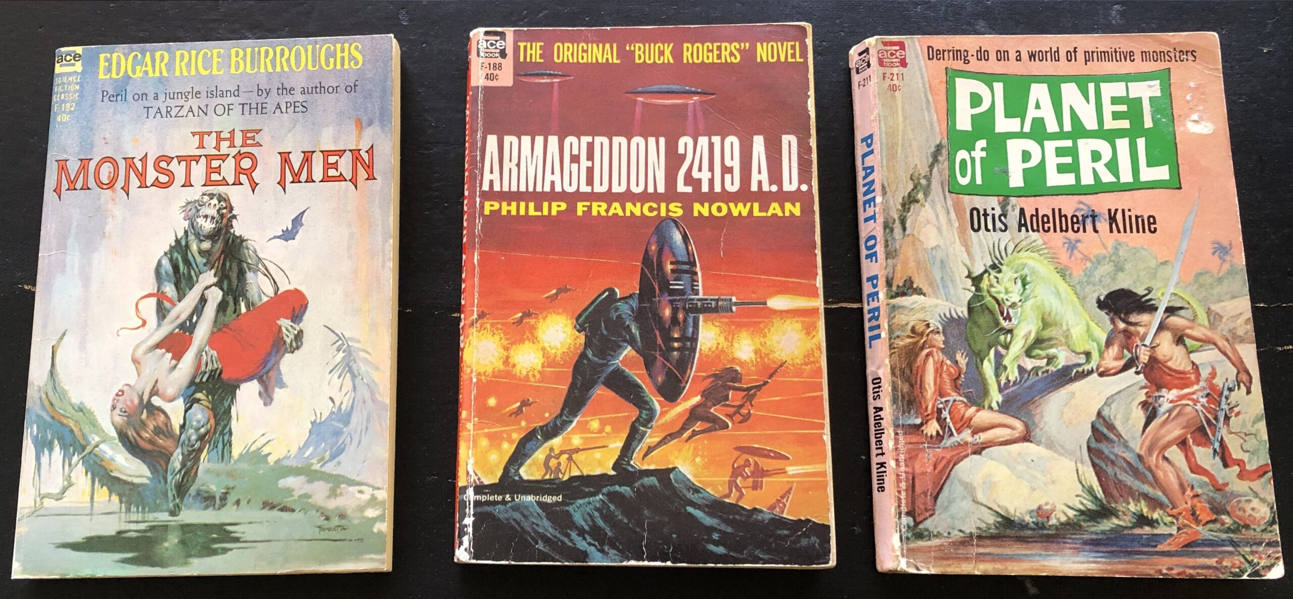 From left to right: Ace early 1960s reprints of 1920s pulp fiction. The Monster Men by Edgar Rice Burroughs, cover art by Frank Frazetta; Armageddon 2419 A.D. by Philip Francis Nowlin, cover art by Ed Emsh; and Planet of Peril by Otis Adelbert Kline, cover art by Roy Krenkel Jr. Photo by Rosemary Jones, from the author’s collection.