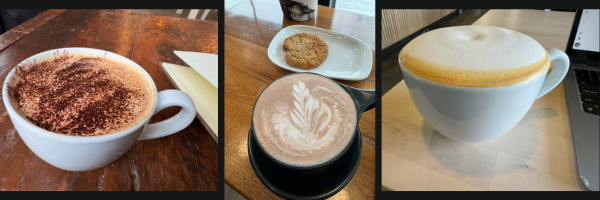 Collage of three photos of coffee mugs taken by the author while writing in coffee shops.