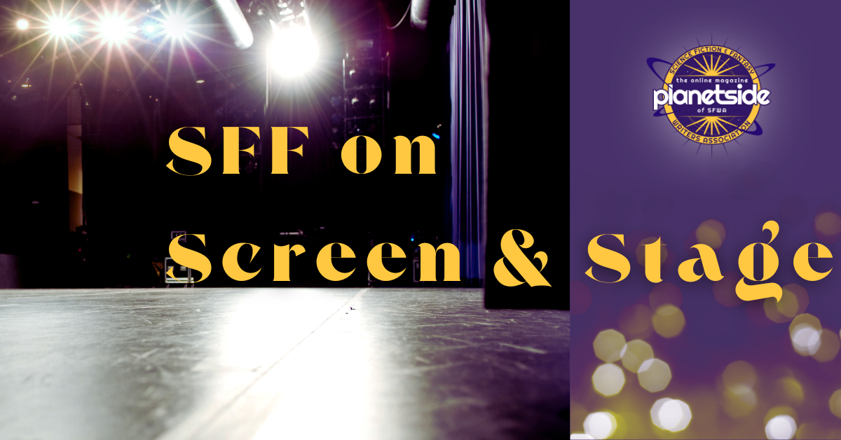 Featured image for the series SFF on Screen and Stage, showing an empty stage, with Planetside logo