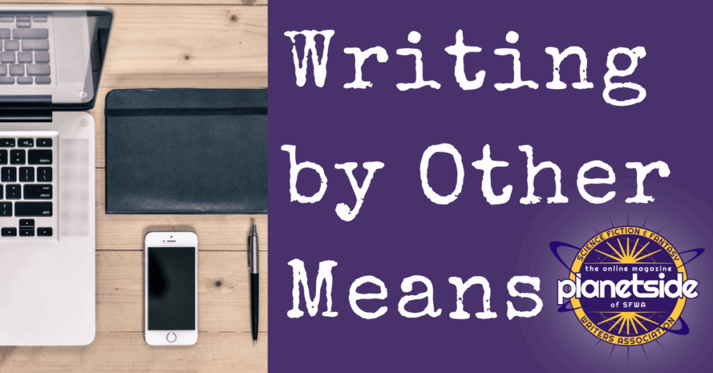 An image of different writing implements (a laptop, a notebook, a phone, a pen) and the series title, Writing by Other Means, with the Planetside logo.