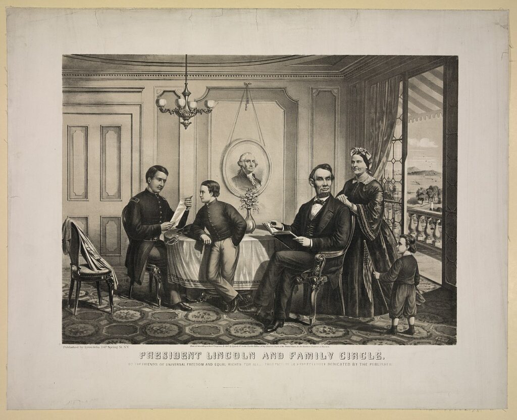 Black and white drawing of Lincoln and his family together in a room, Popular Graphic Arts, via Wikimedia Commons