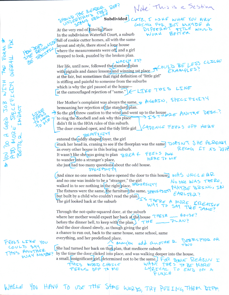 Example by Rebecca A. Demarest. A mediocre sestina form poem flooded with bright blue pen edits following the format suggested in this article.  