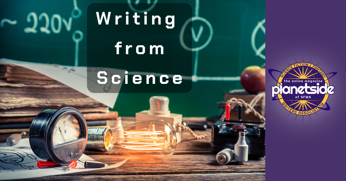 A worktable covered in electrical wiring and tools with the series title, Writing from Science, and the Planetside logo, to be used as a featured image.