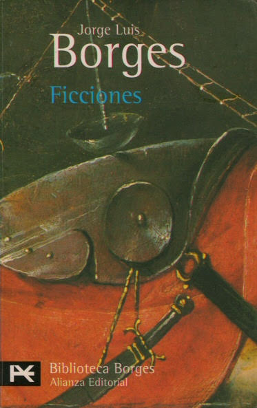 Red and brown abstract art on the cover of Ficciones
