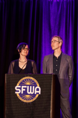 SFWA President Kate Ristau and SFWA Vice President Anthony Eichenlaub, presenting at the Nebula Awards Ceremony in Chicago, June 2026.